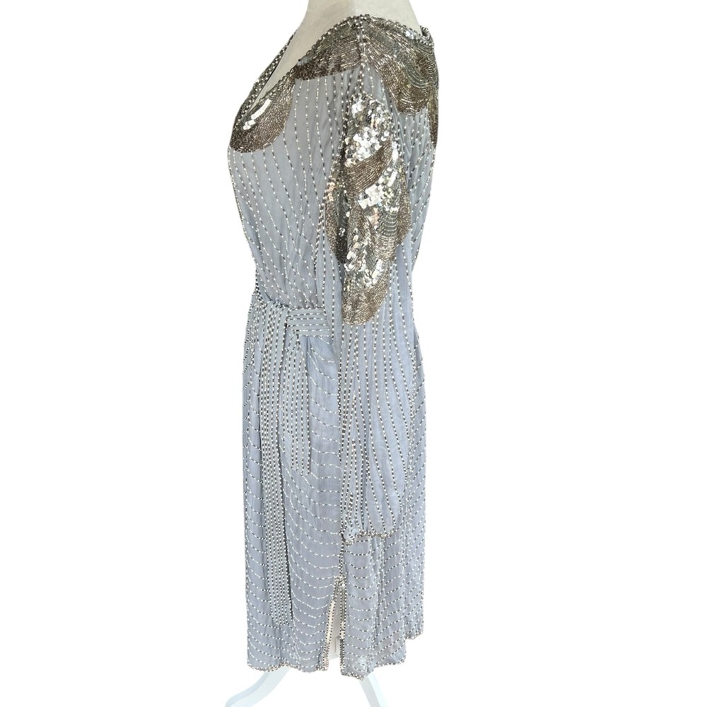 Vintage 🩶 SHO MAX - 3X Silver Silk Beaded Dress India Sequin Caftan Evening Gown - Picture 4 of 14